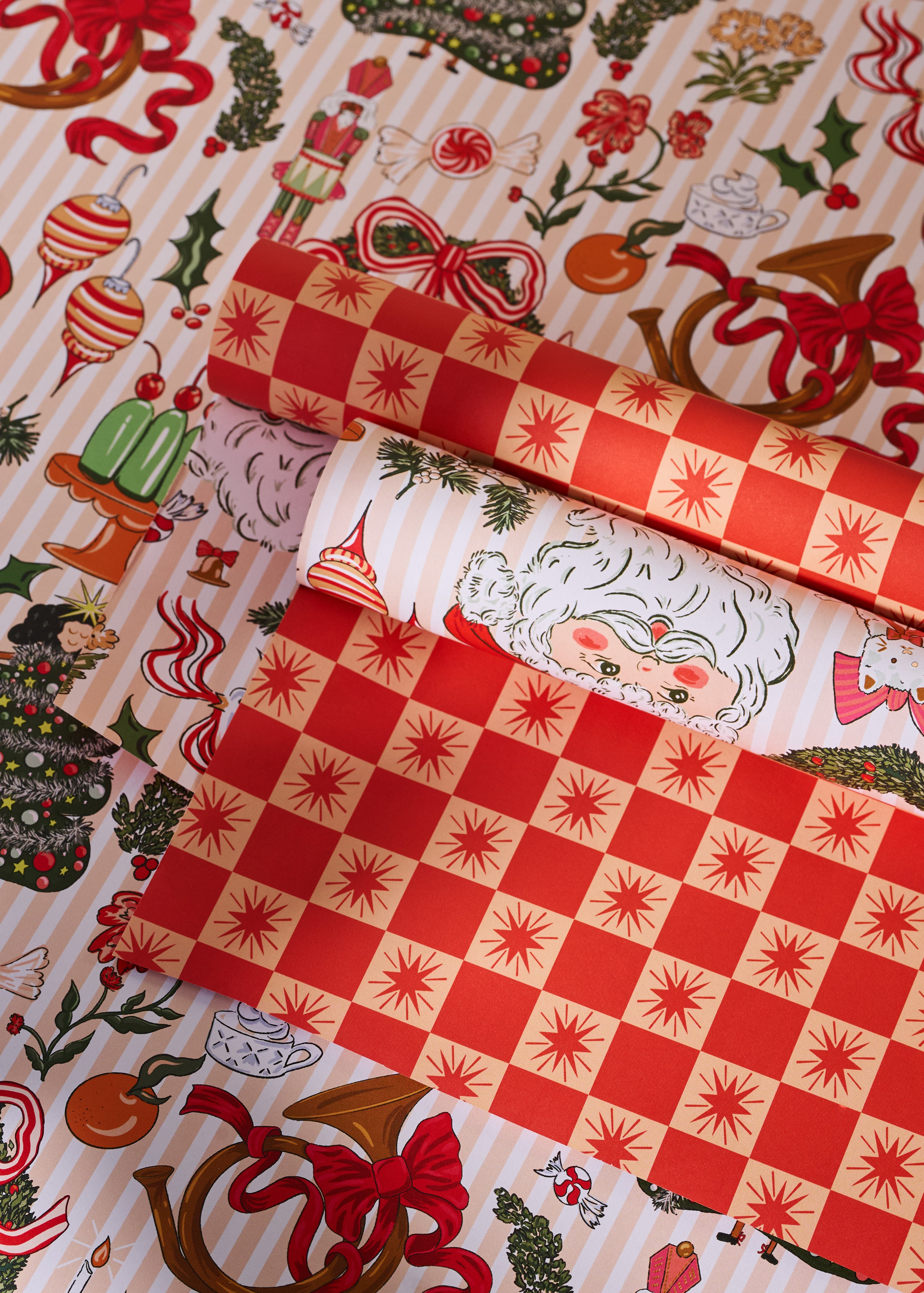 Nostalgic Christmas and Red Star Checked Double Sided Gift Wrap | Set of 3 Sheets