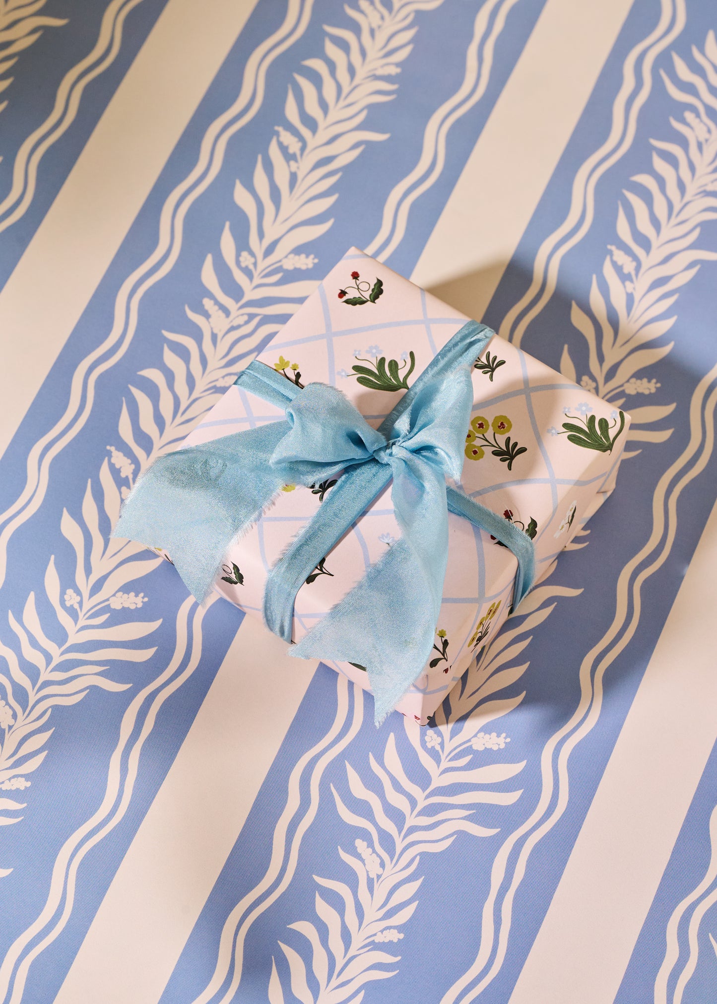 Floral Trellis and Blue Vine Stripe Double Sided Gift Wrap | Set of 3 Sheets