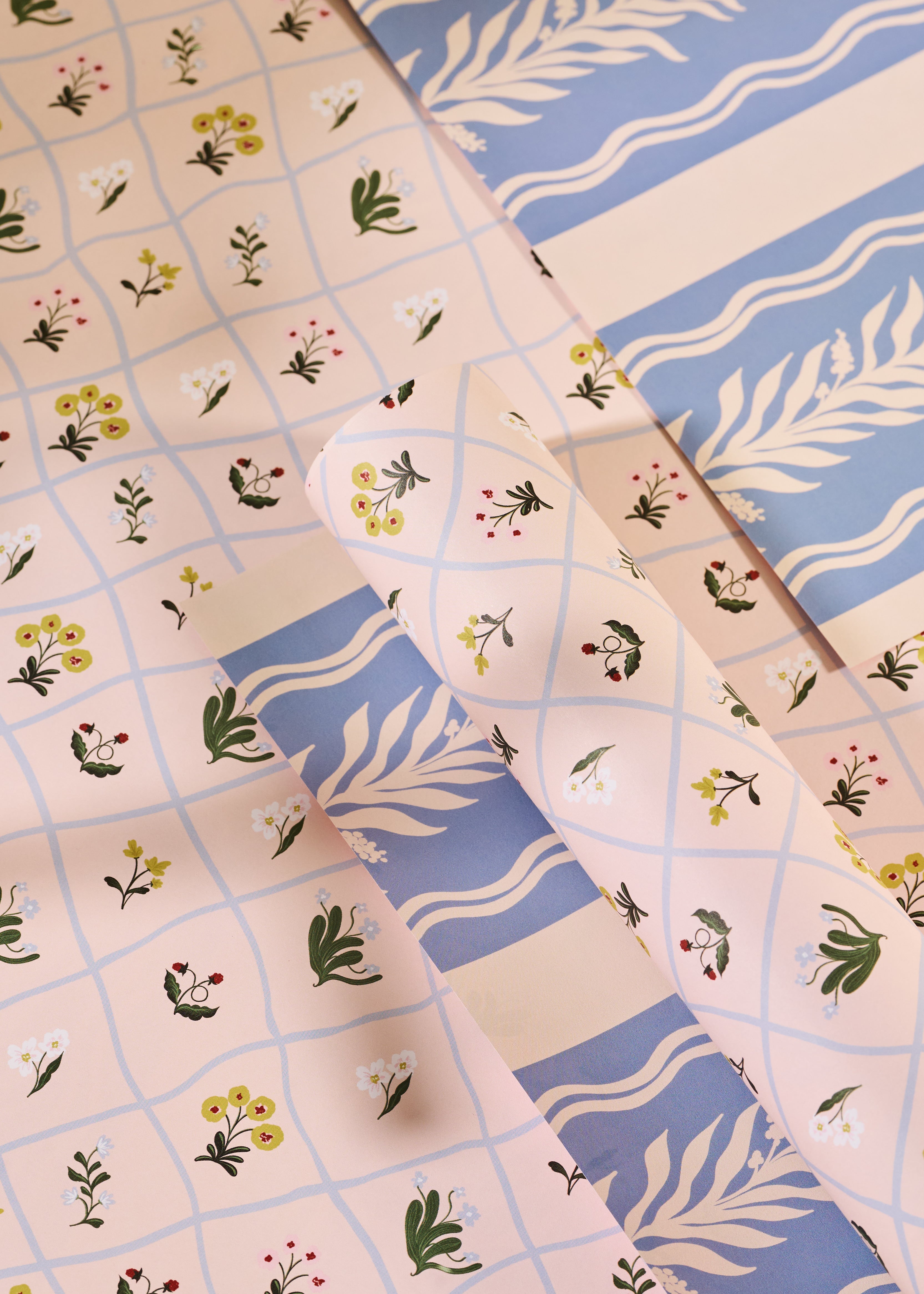 Floral Trellis and Blue Vine Stripe Double Sided Gift Wrap | Set of 3 Sheets