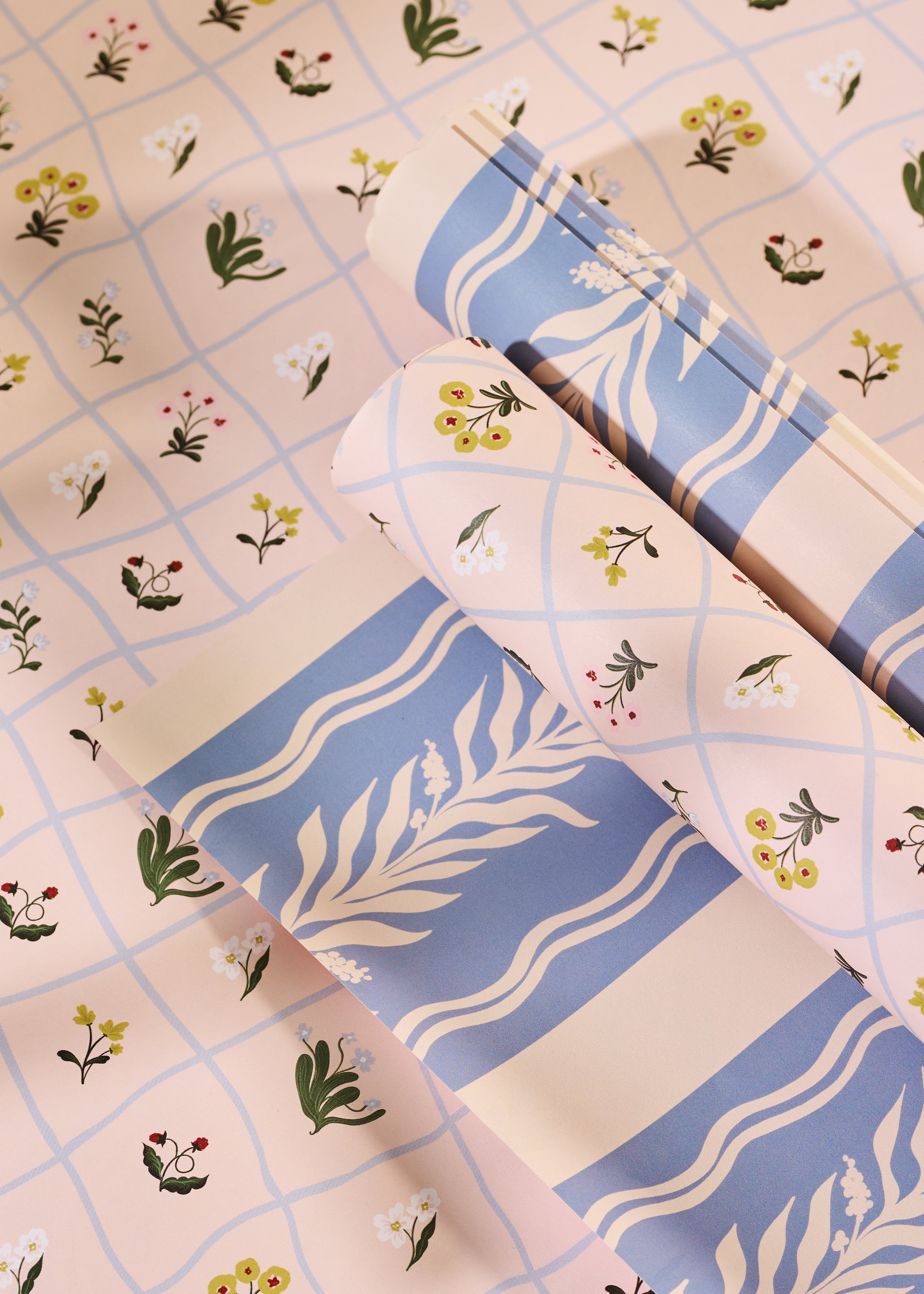 Floral Trellis and Blue Vine Stripe Double Sided Gift Wrap | Set of 3 Sheets