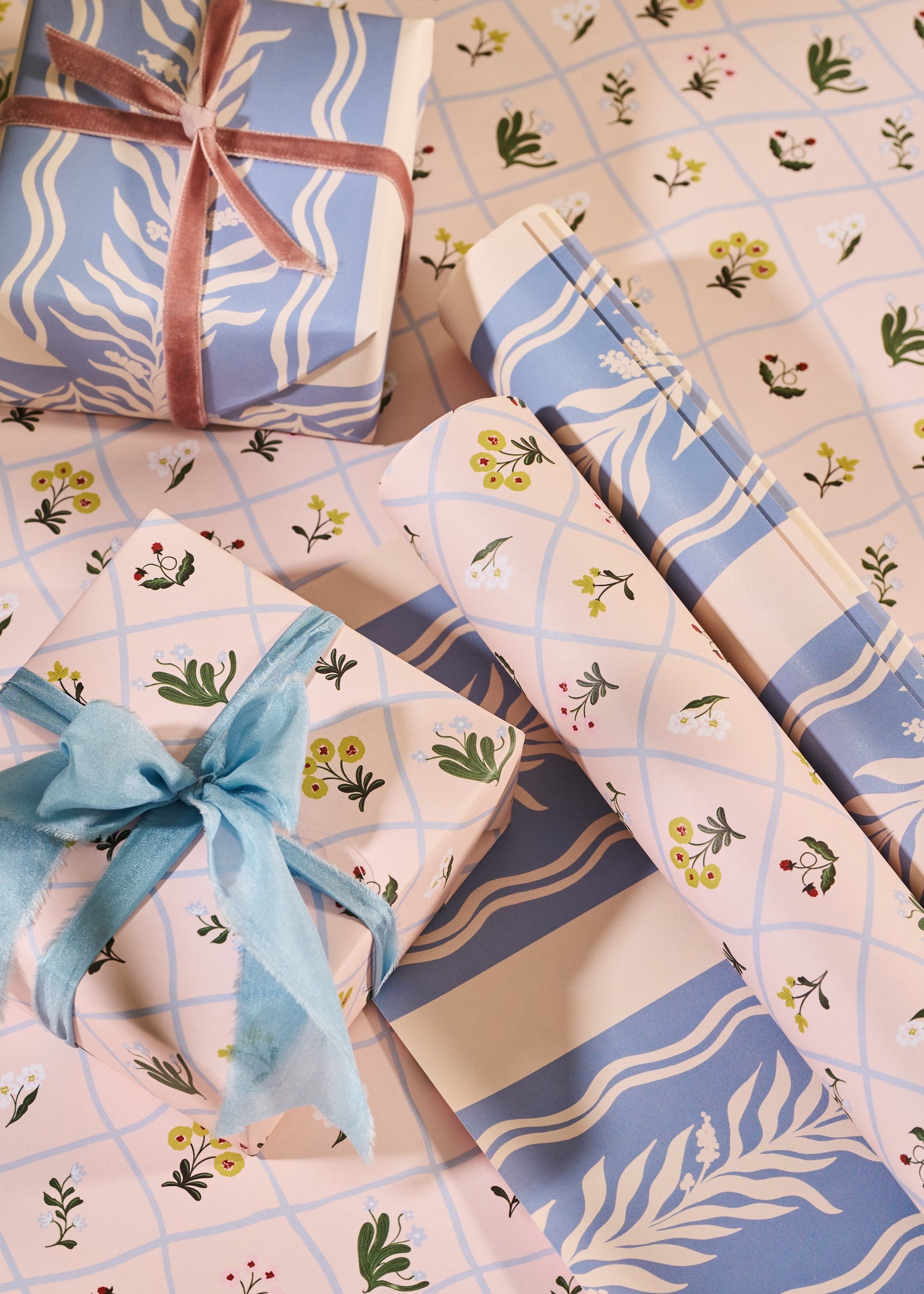 Floral Trellis and Blue Vine Stripe Double Sided Gift Wrap | Set of 3 Sheets