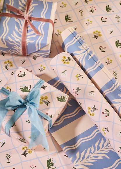 Floral Trellis and Blue Vine Stripe Double Sided Gift Wrap | Set of 3 Sheets