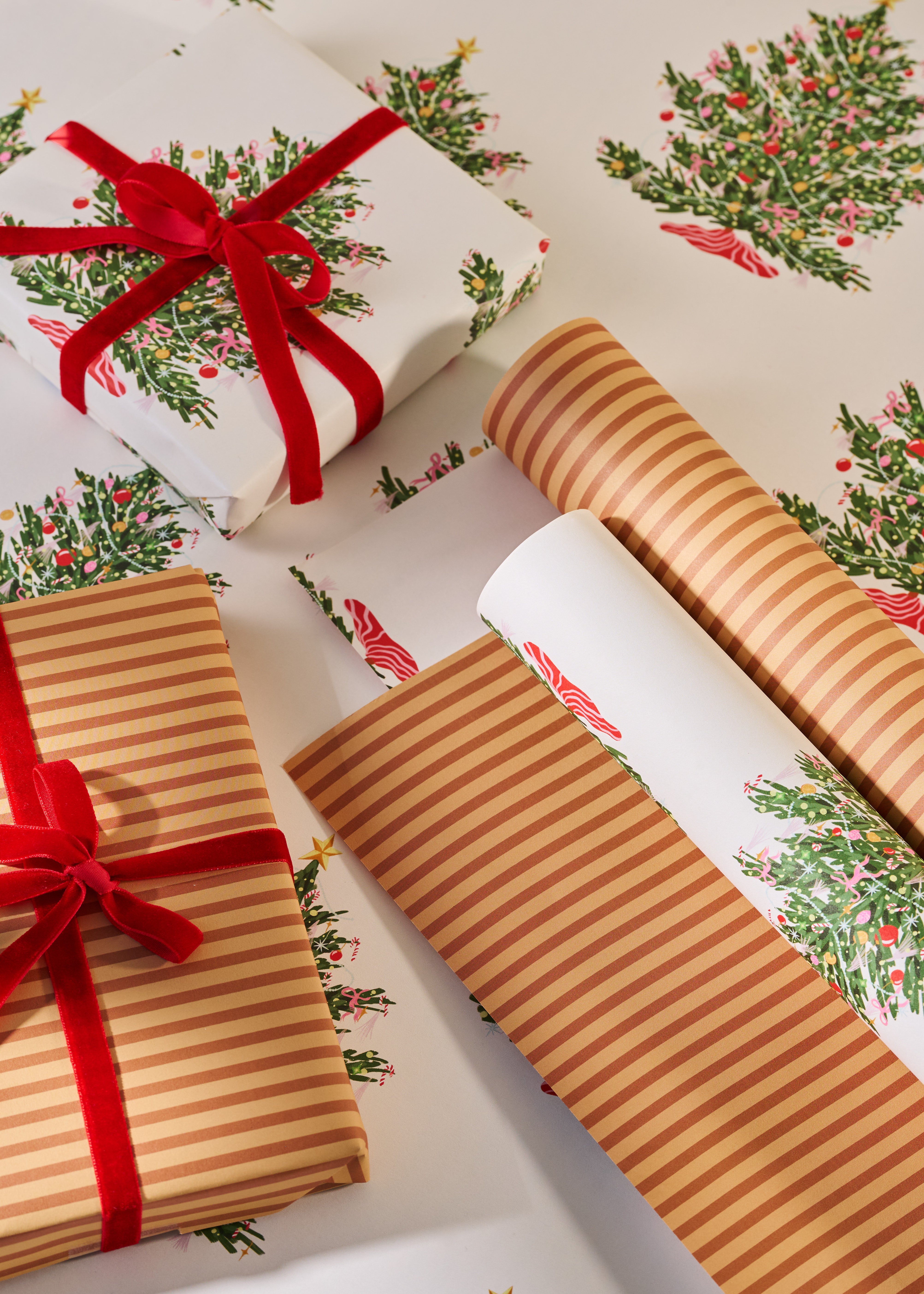 Christmas Tree and Toffee Stripe Double Sided Gift Wrap | Set of 3 Sheets