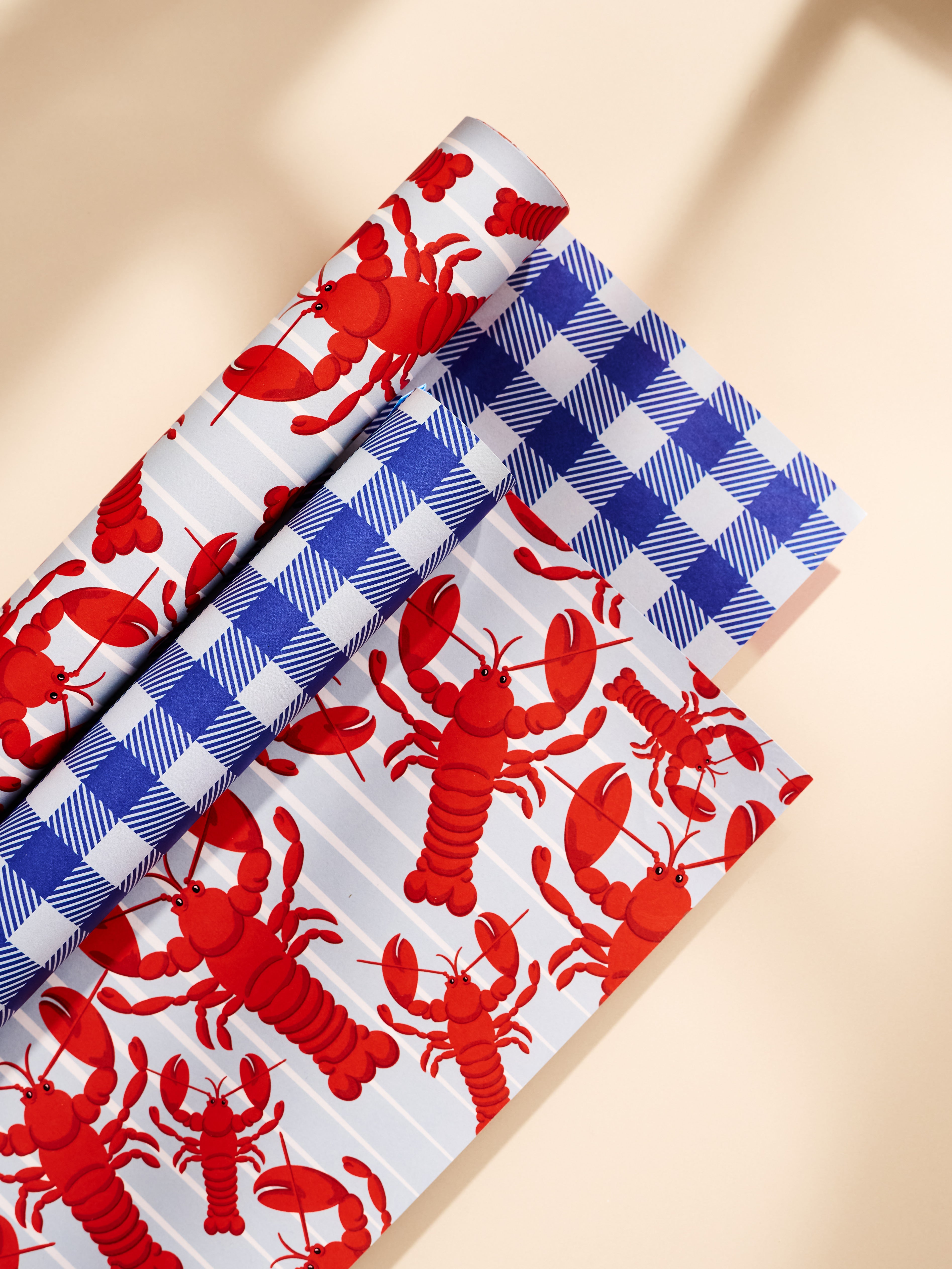 Lobster and Blue Gingham Double Sided Gift Wrap | Set of 3 Sheets