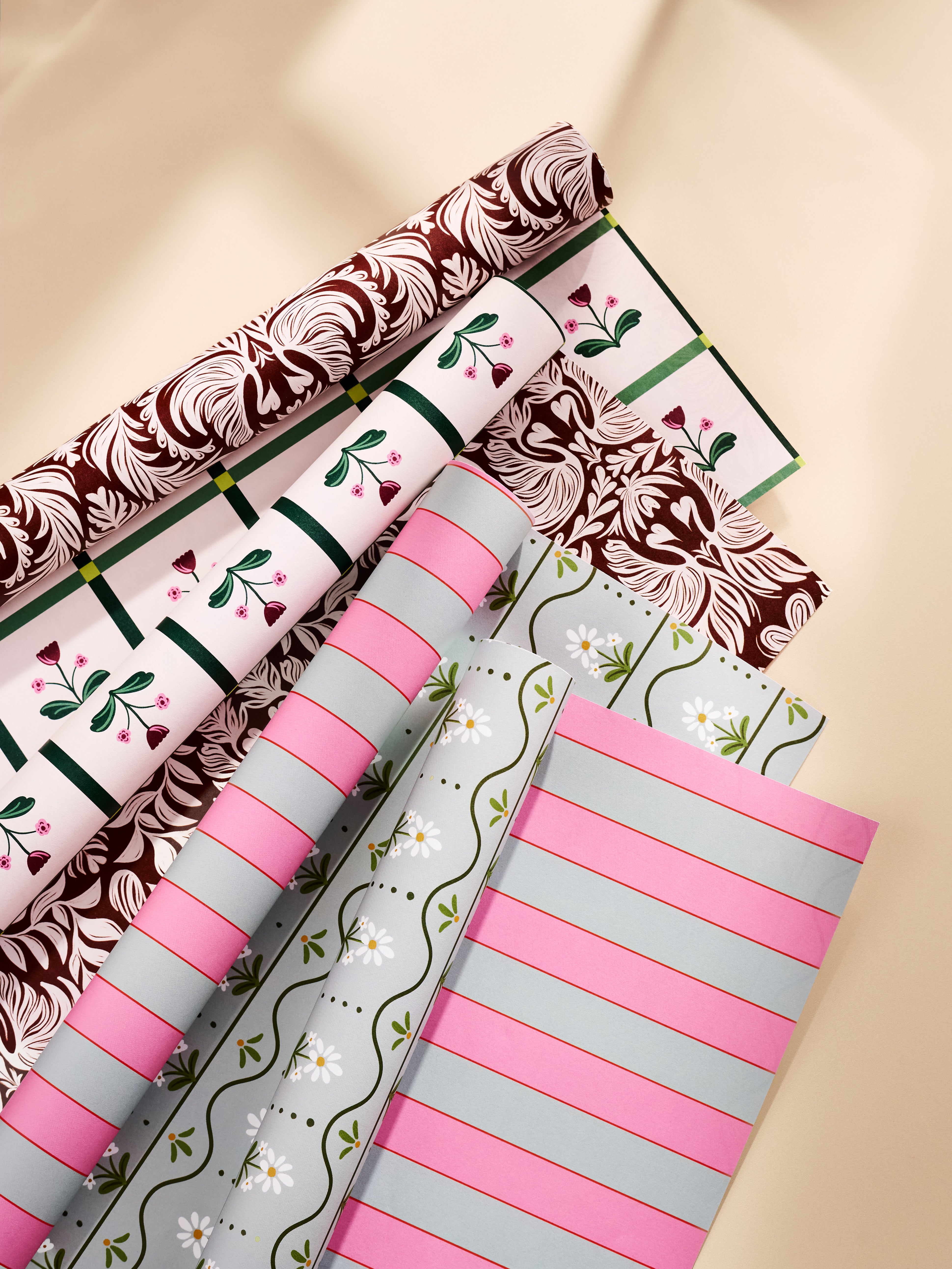 Mocha Latte Art and Tulip Windowpane Double Sided Gift Wrap | Set of 3 Sheets