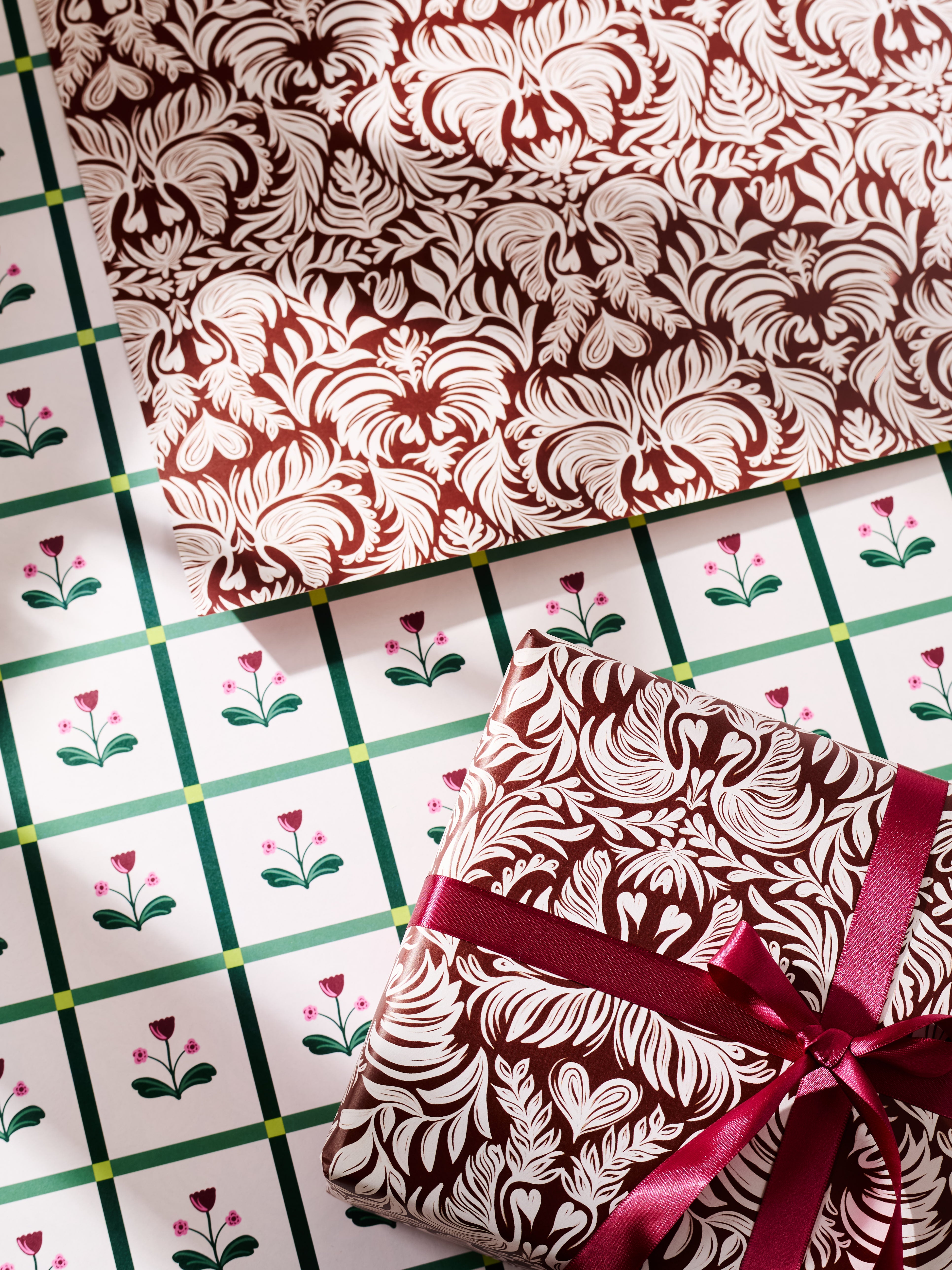 Mocha Latte Art and Tulip Windowpane Double Sided Gift Wrap | Set of 3 Sheets