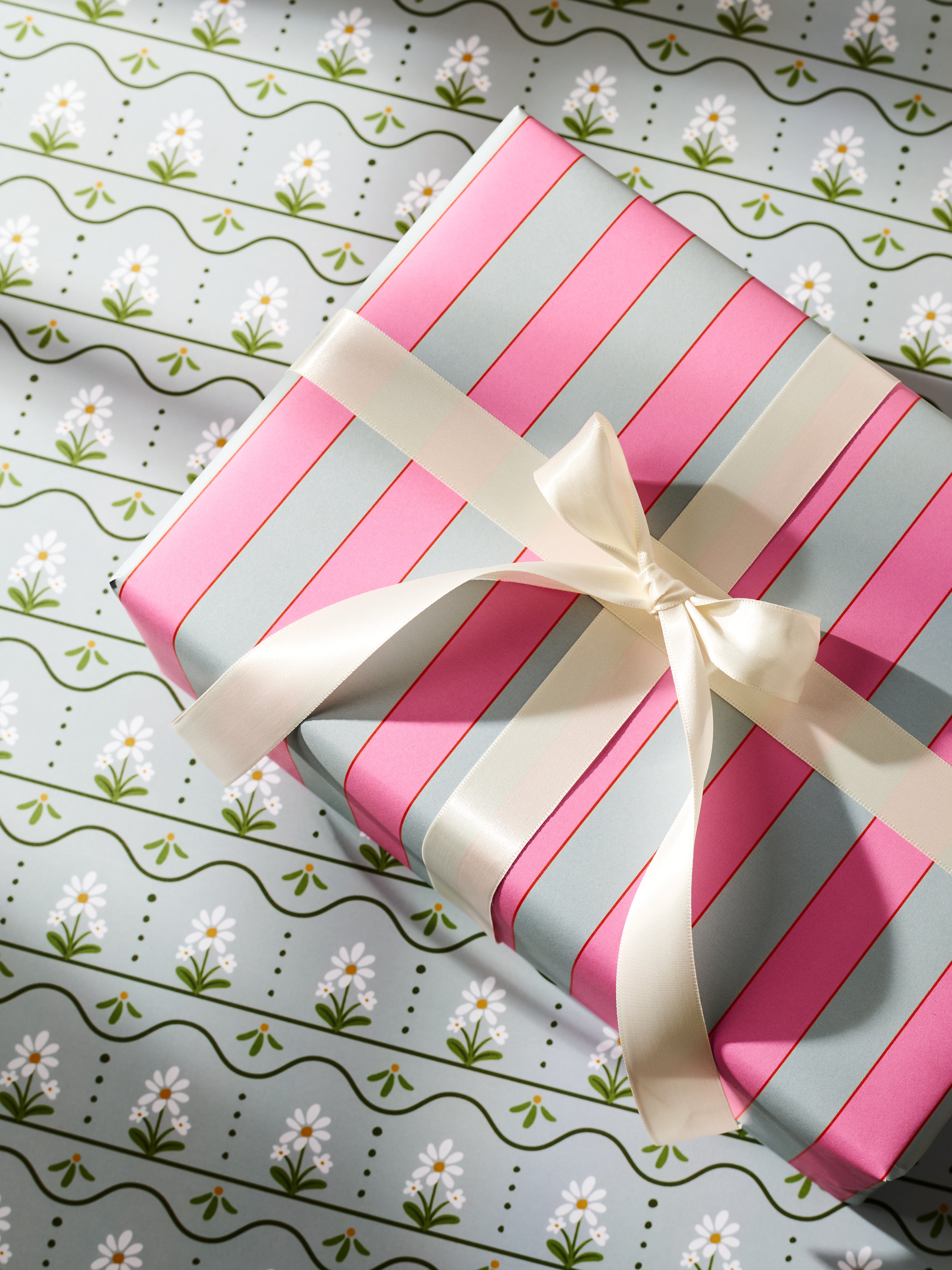 Daisy Stripe and Pink and Dusty Blue Stripe Double Sided Gift Wrap | Set of 3 Sheets