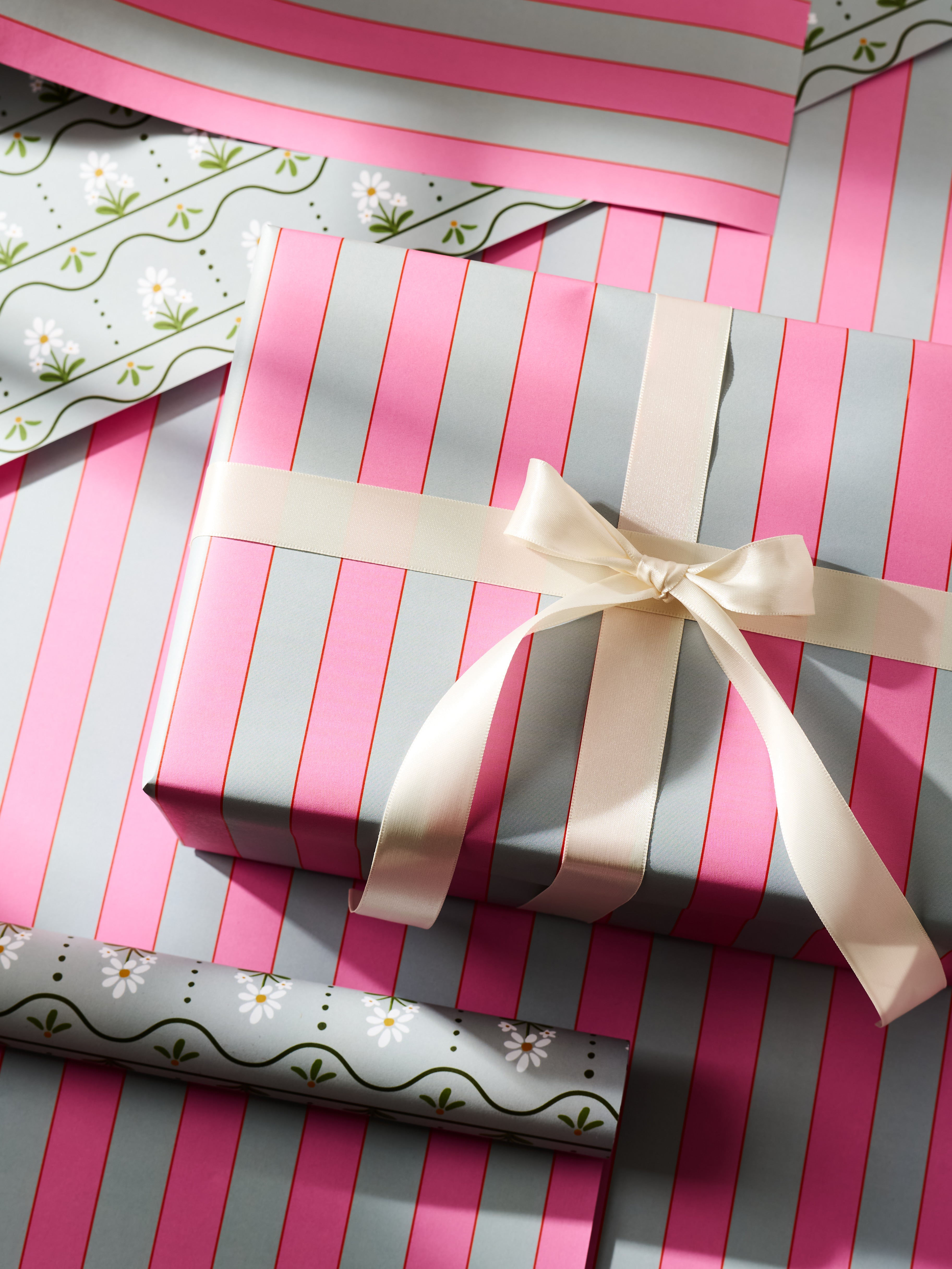 Daisy Stripe and Pink and Dusty Blue Stripe Double Sided Gift Wrap | Set of 3 Sheets