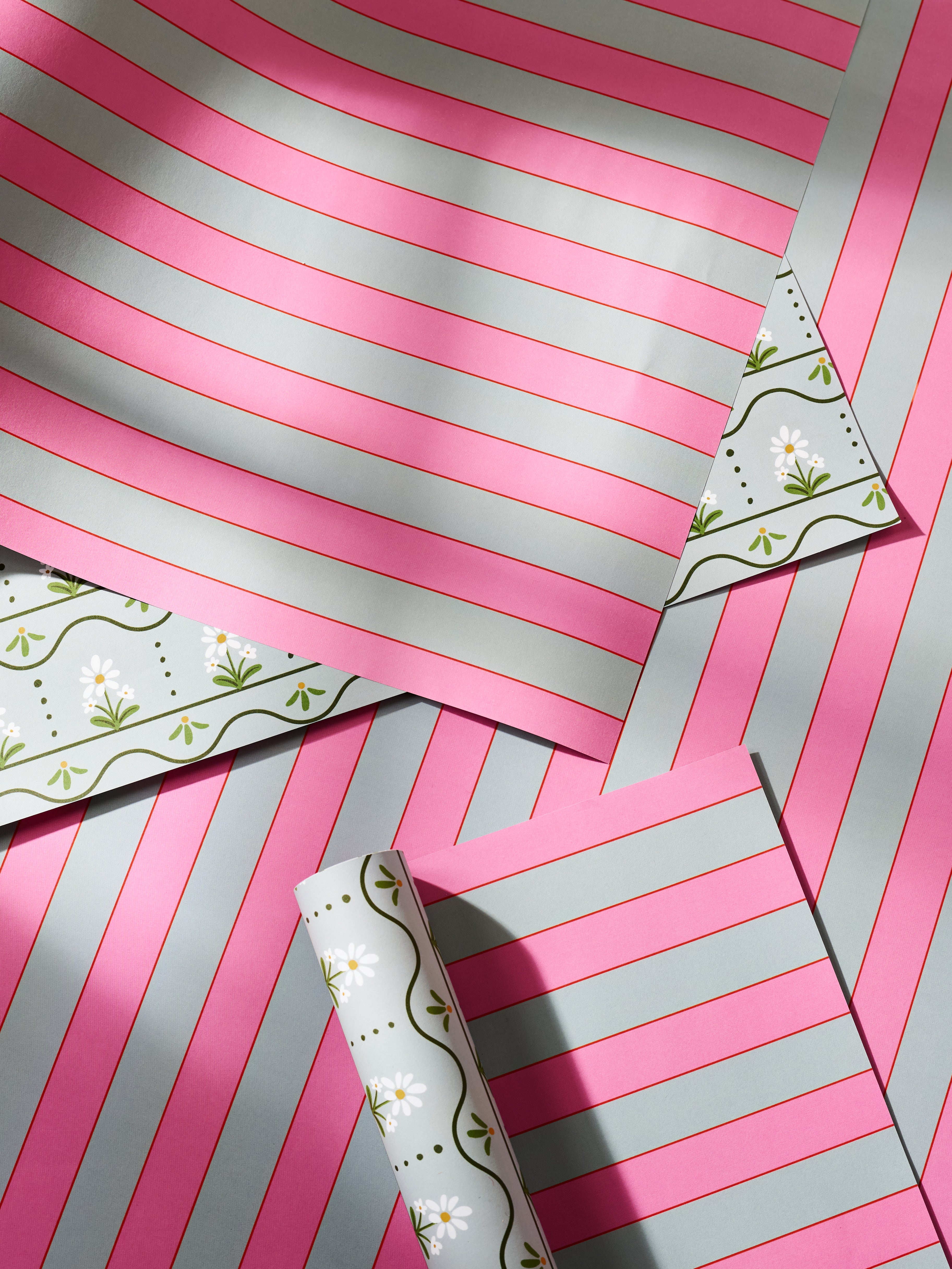 Daisy Stripe and Pink and Dusty Blue Stripe Double Sided Gift Wrap | Set of 3 Sheets