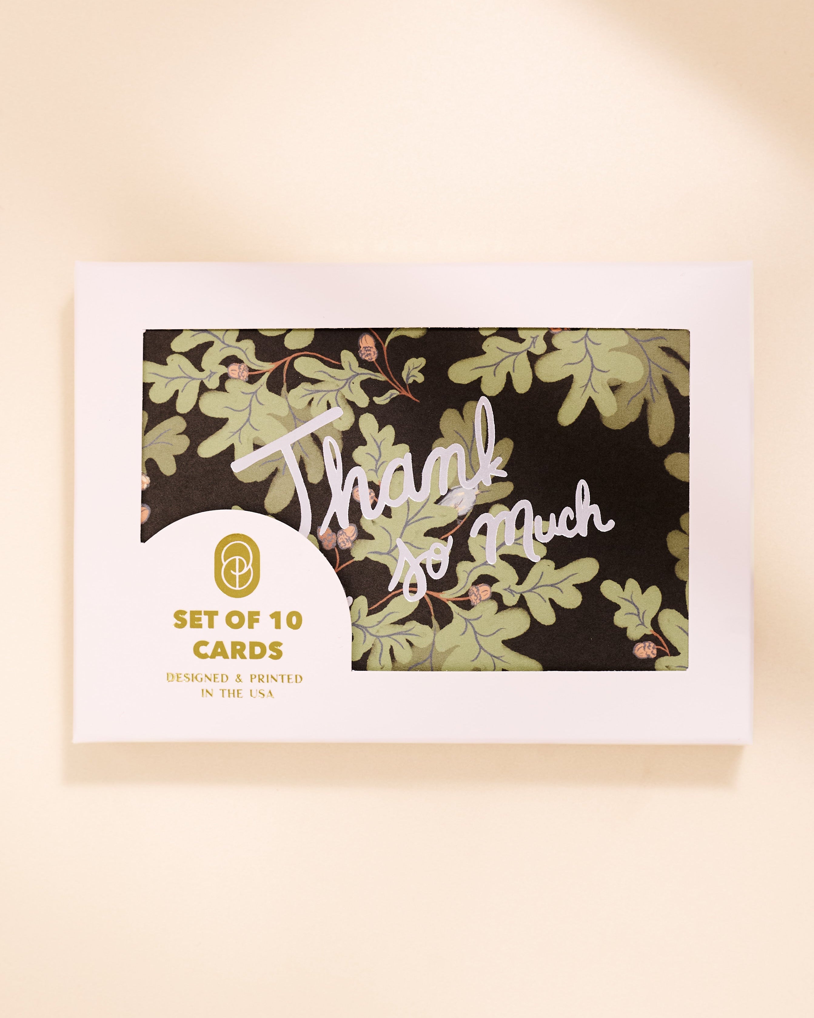 Oak leaves and acorns illustrated foil printed thank you note, set of 10