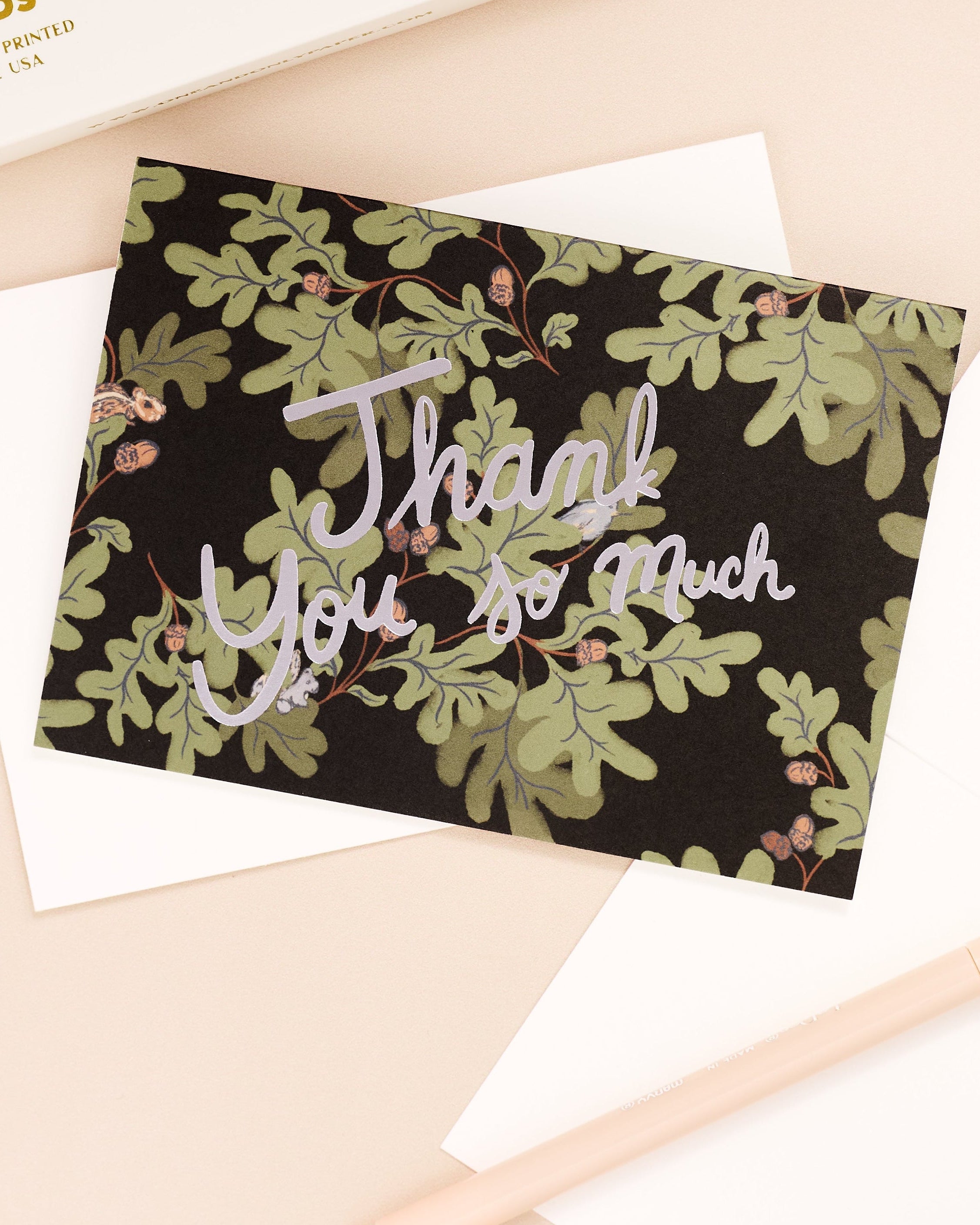 Oak leaves and acorns illustrated foil printed thank you note