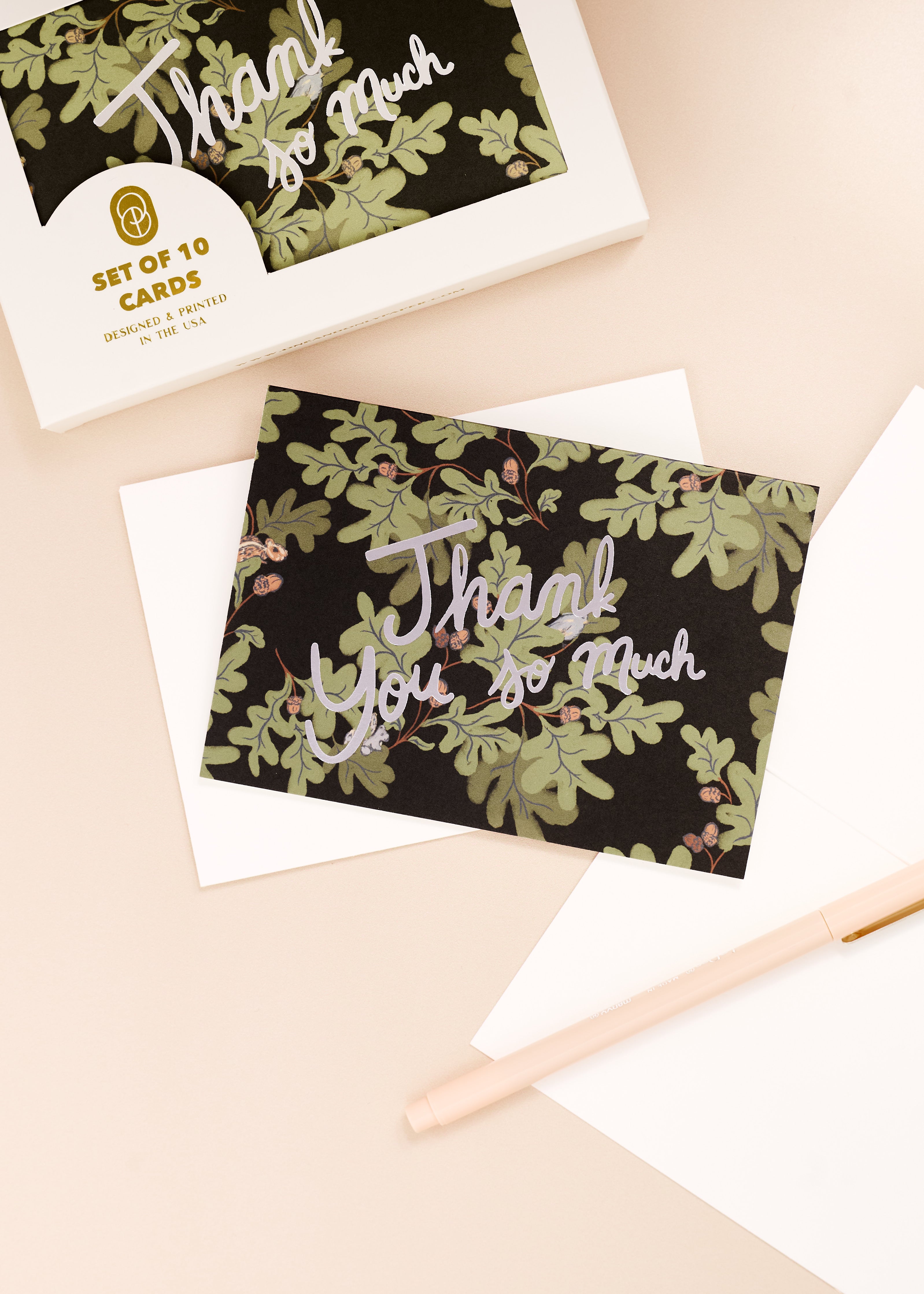 Oak Leaves Foil Printed 4 Bar Folded Thank You Note - Set of 10