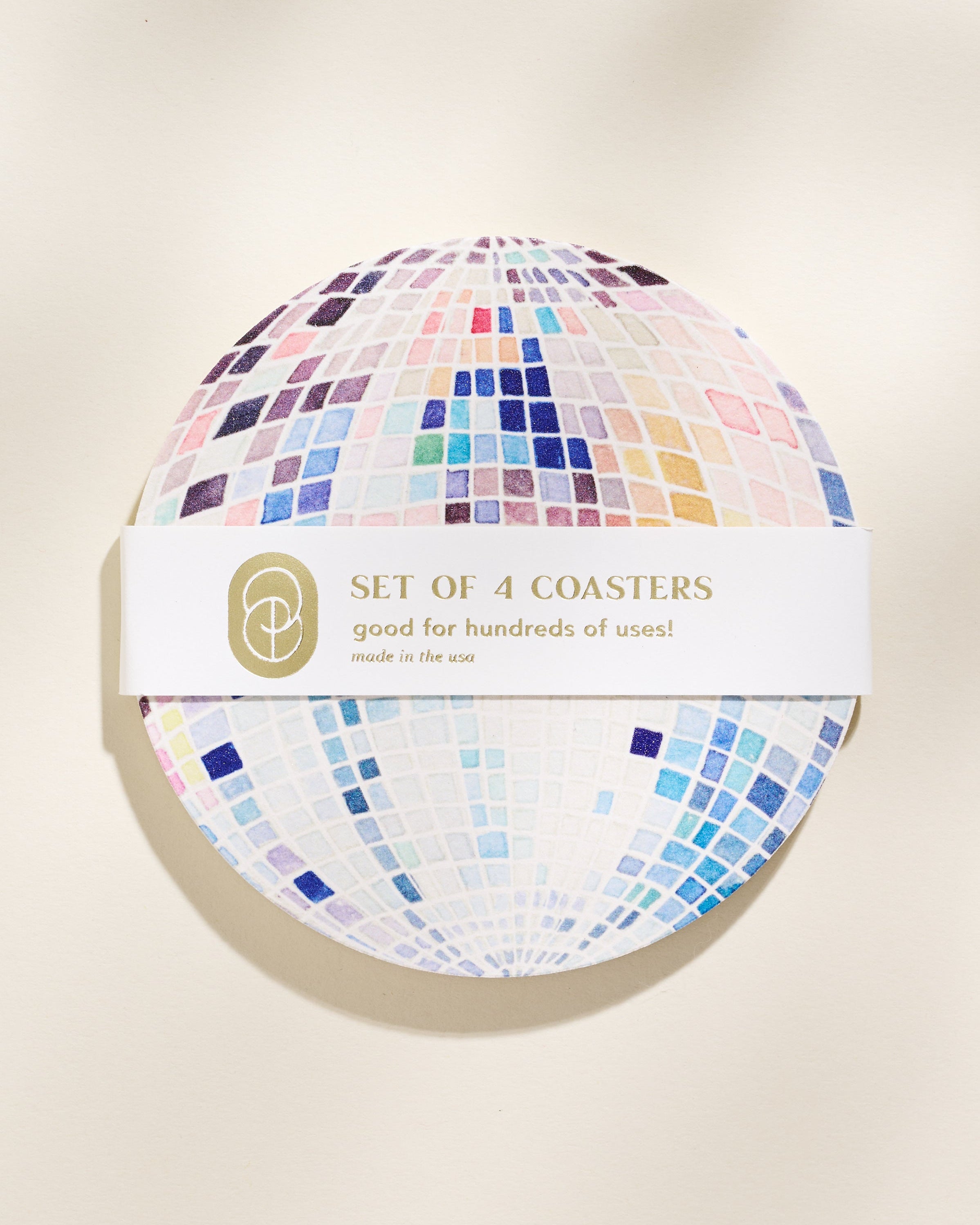 Watercolor disco ball illustration reflecting a rainbow, chipboard coaster set of four