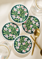 Green and Lavender Floral Scalloped Coasters - Set of Four