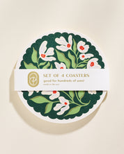Green and lavender floral scalloped chipboard coasters, set of four