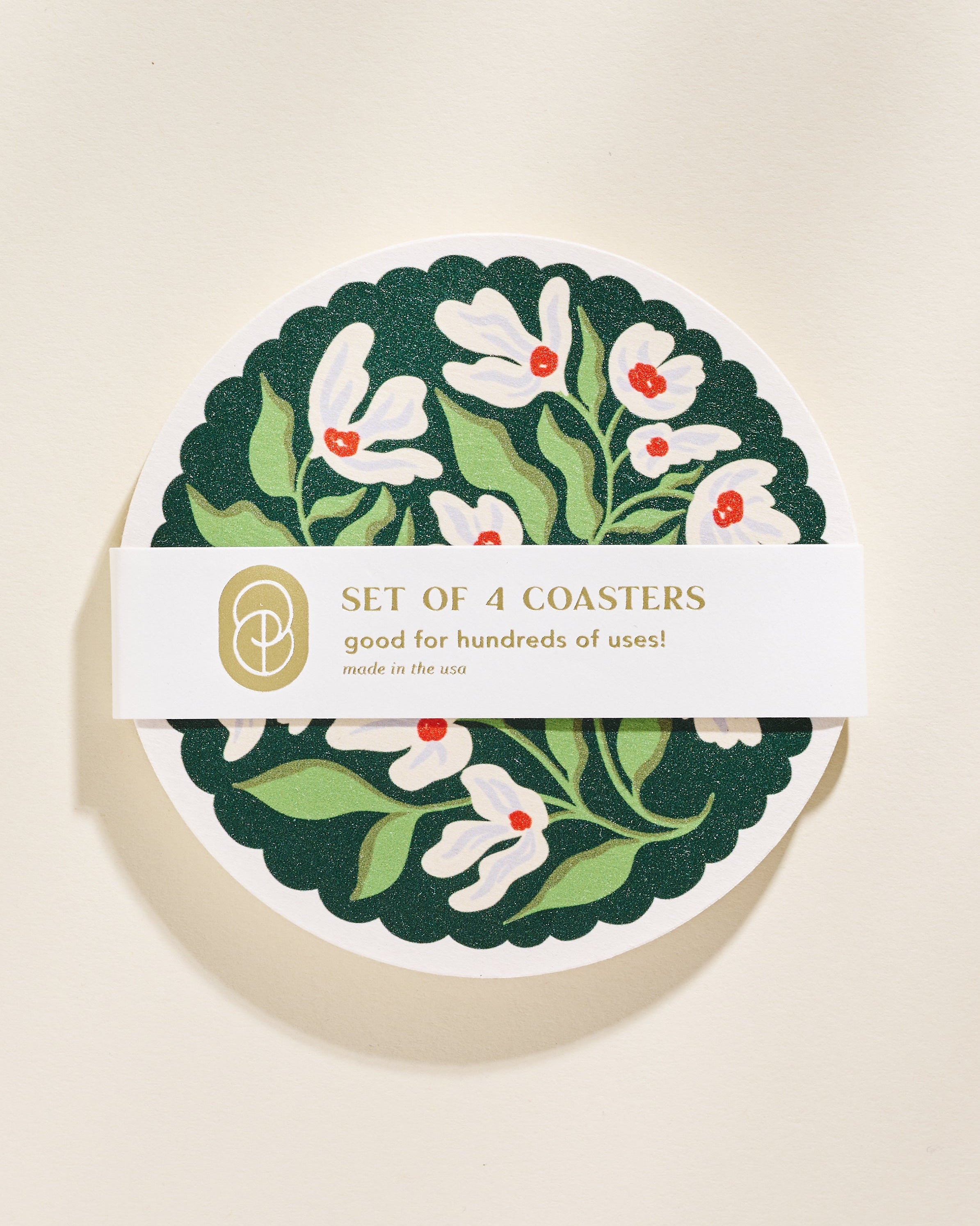 Green and lavender floral scalloped chipboard coasters, set of four