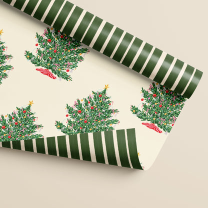 Christmas Tree and Rustic Striped Double Sided Gift Wrap | Set of Three Sheets