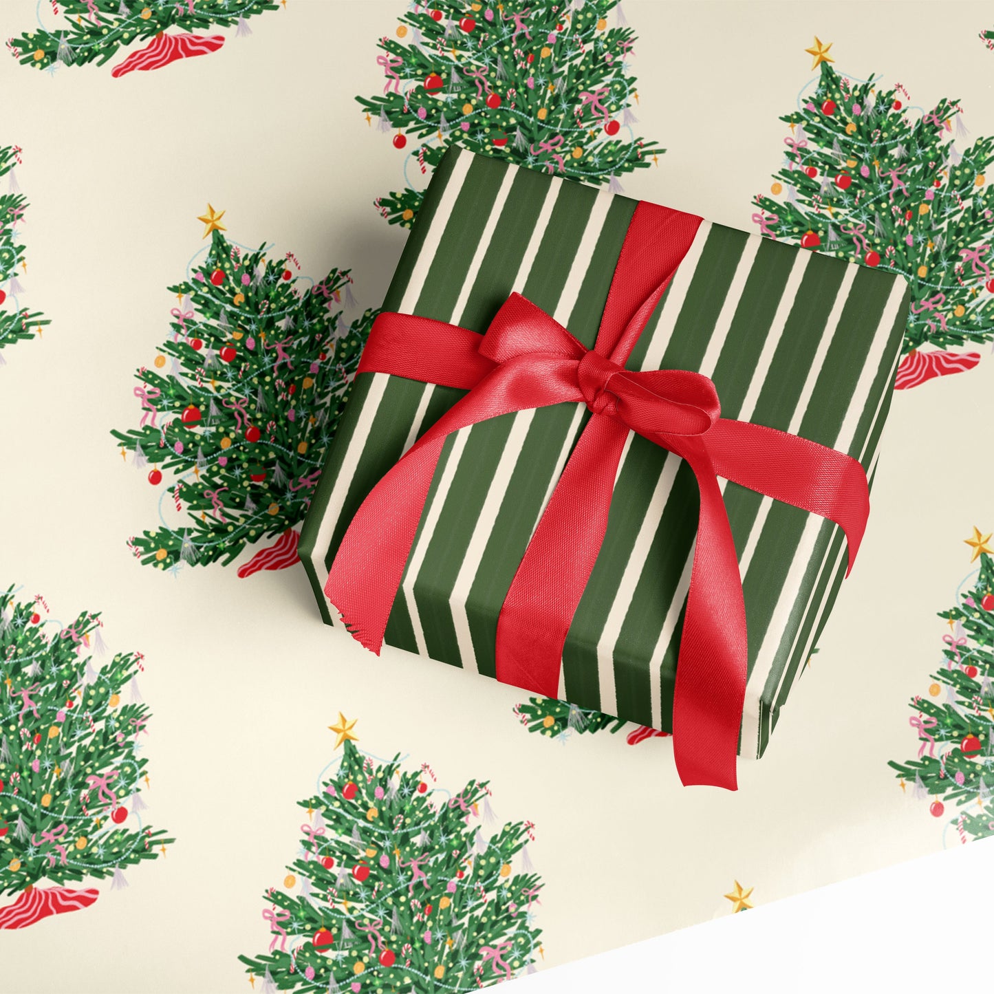 Christmas Tree and Rustic Striped Double Sided Gift Wrap | Flat Sheet