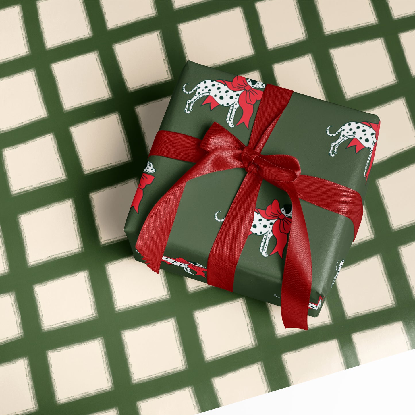 Dalmatian with a Bow and Windowpane Plaid Double Sided Gift Wrap | Set of Three Sheets