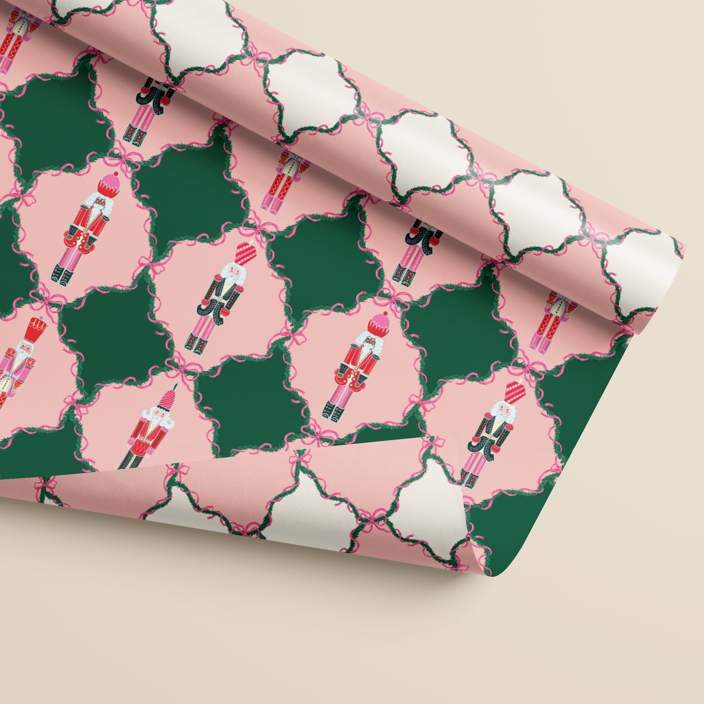 Pink Nutcracker Trellis Bows Double Sided Gift Wrap | Set of Three Sheets