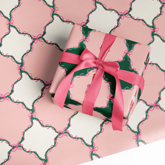 Pink Nutcracker Trellis Bows Double Sided Gift Wrap | Flat Sheet