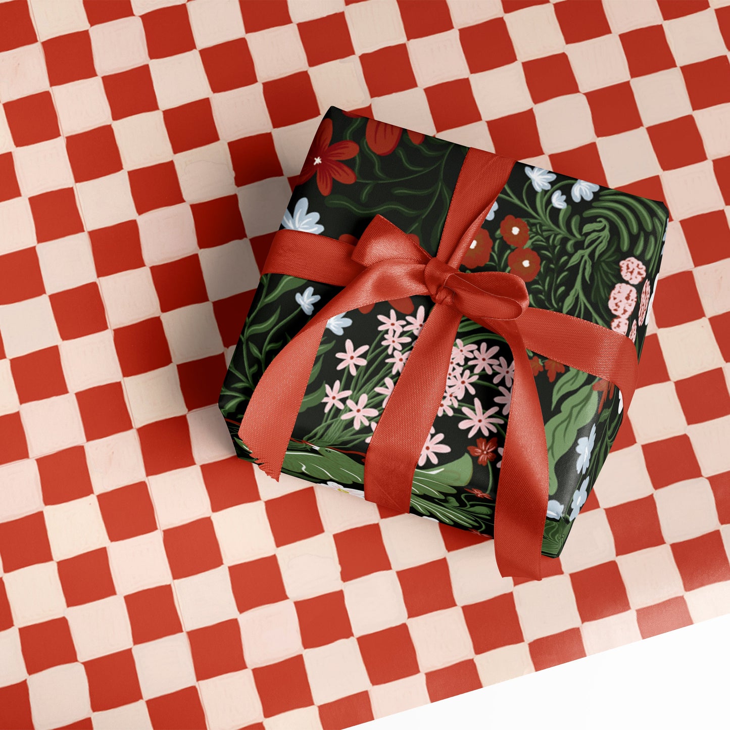 Winter Feathers and Red Checkered Double Sided Gift Wrap | Flat Sheet
