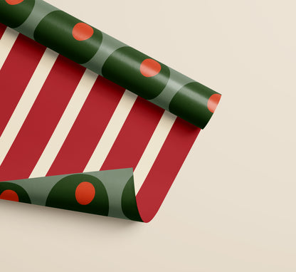 Olive and Red Stripe Double Sided Gift Wrap | Set of 3 Sheets