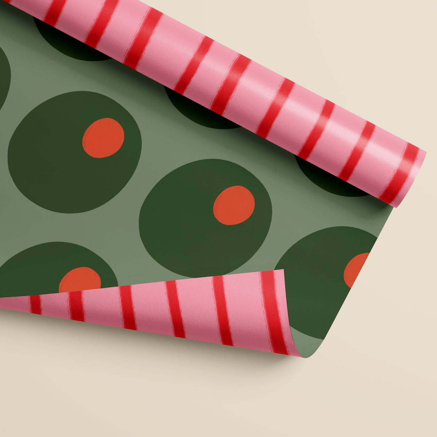 Olive Pattern and Red and Pink Striped Double Sided Gift Wrap | Set of Three Sheets