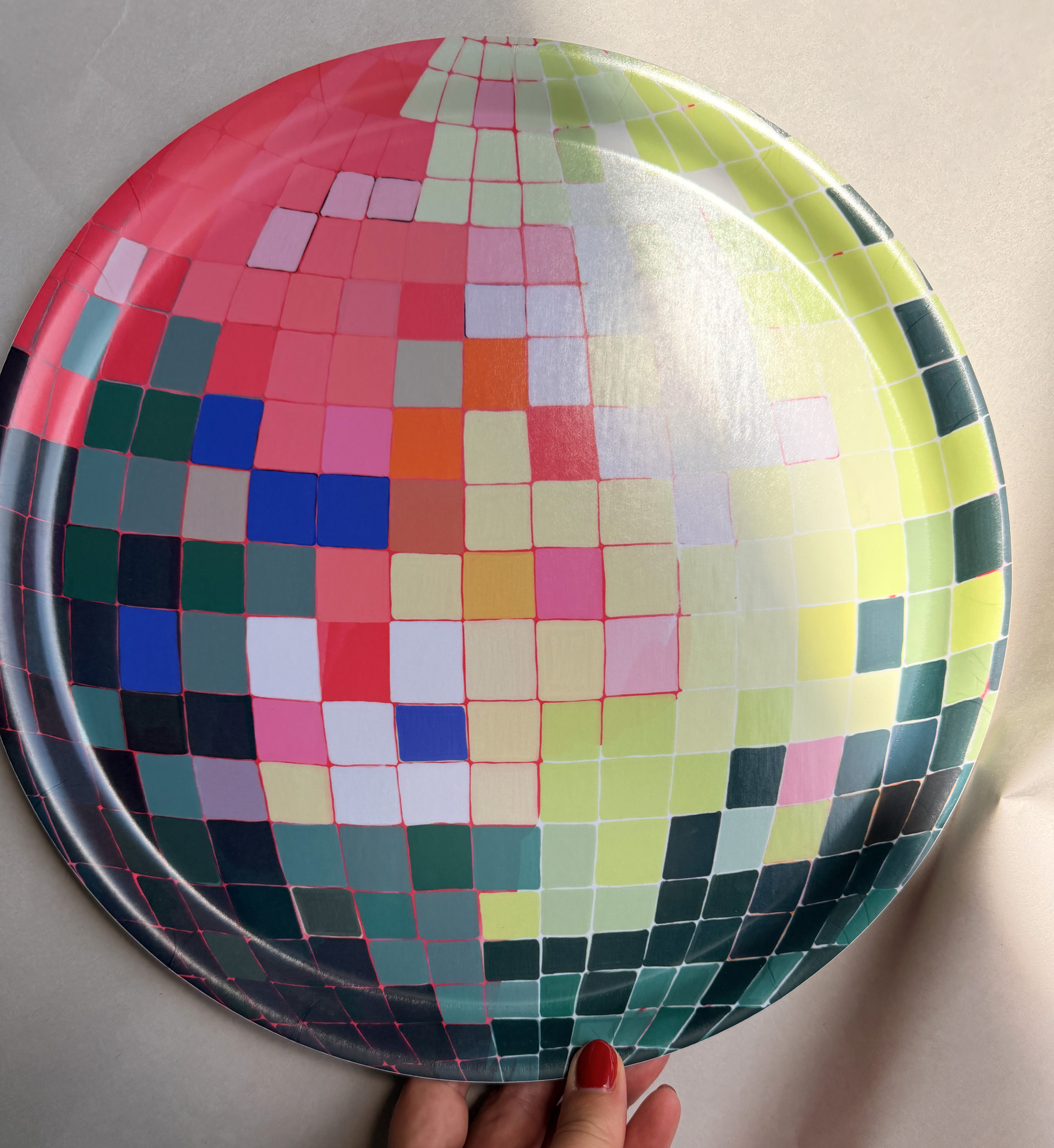 Large Pink and Green Disco Ball Bent Birch/Melamine Serving Tray Platter