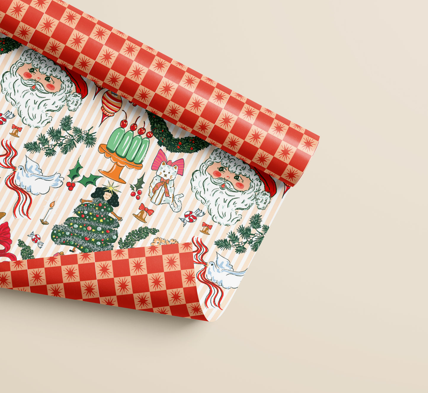 Nostalgic Christmas and Red Star Checked Double Sided Gift Wrap | Set of 3 Sheets