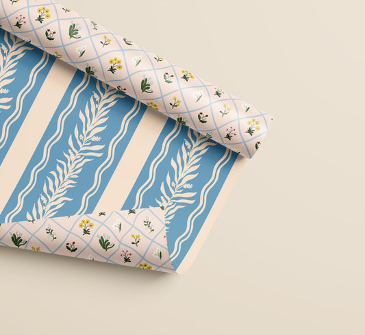 Floral Trellis and Blue Vine Stripe Double Sided Gift Wrap | Set of 3 Sheets