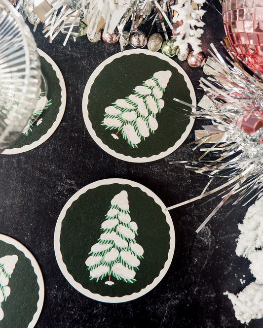 Snowy Boughs Christmas Pine Tree Illustrated Coasters - Set of Four