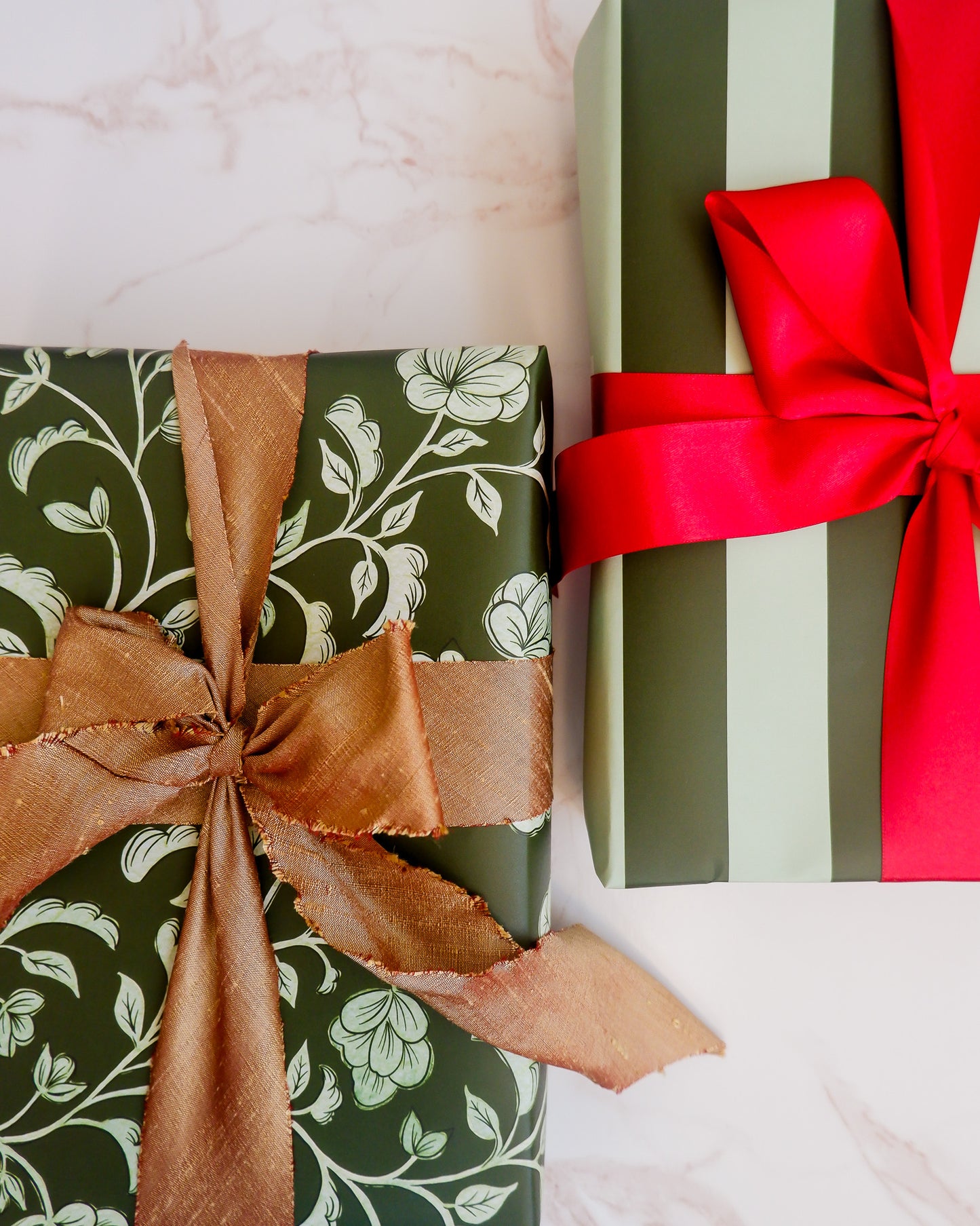Green Floral and Mint Striped Double Sided Gift Wrap | Set of Three Sheets
