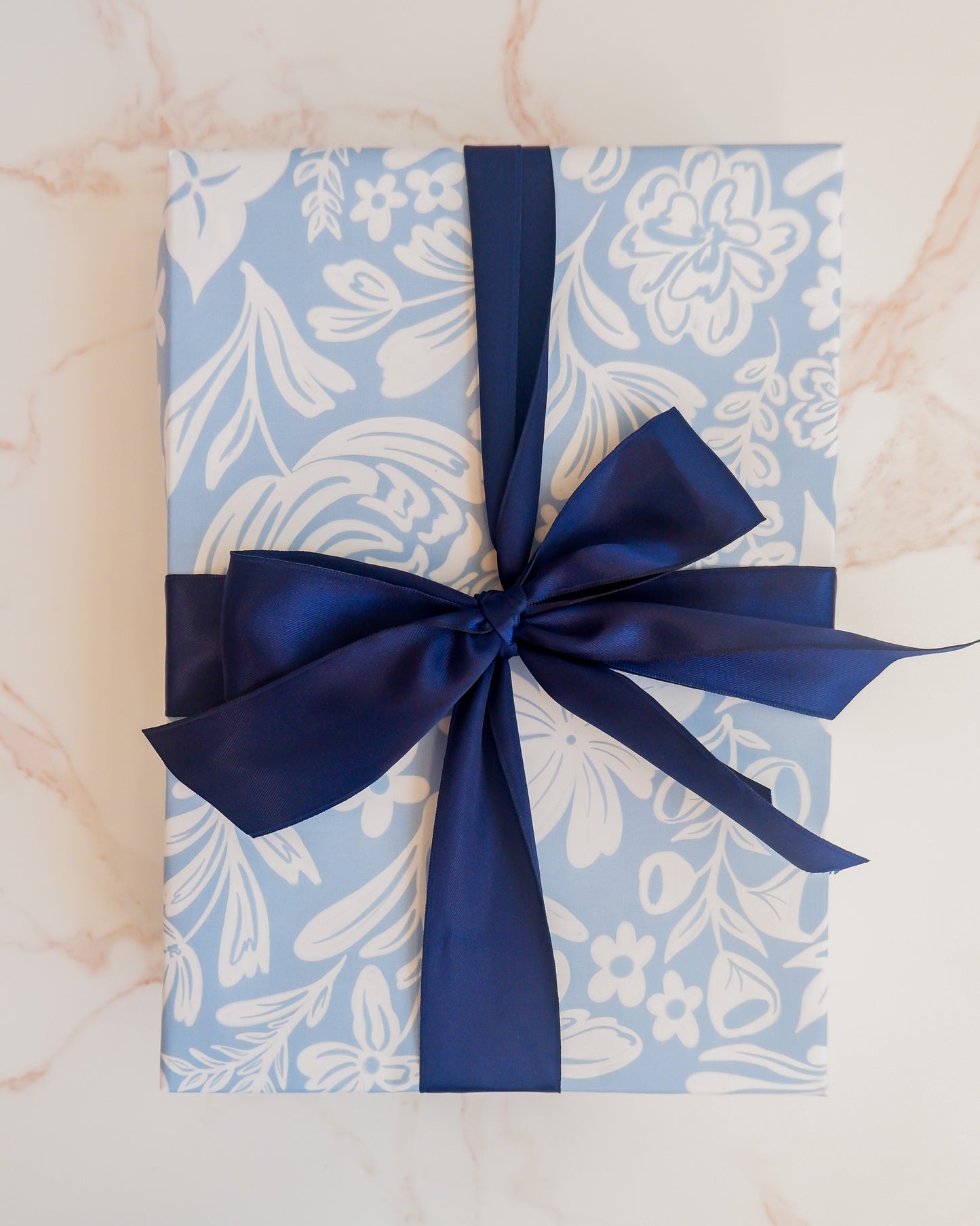 Blue Floral and Peach Checkered Double Sided Gift Wrap | Set of Three Sheets