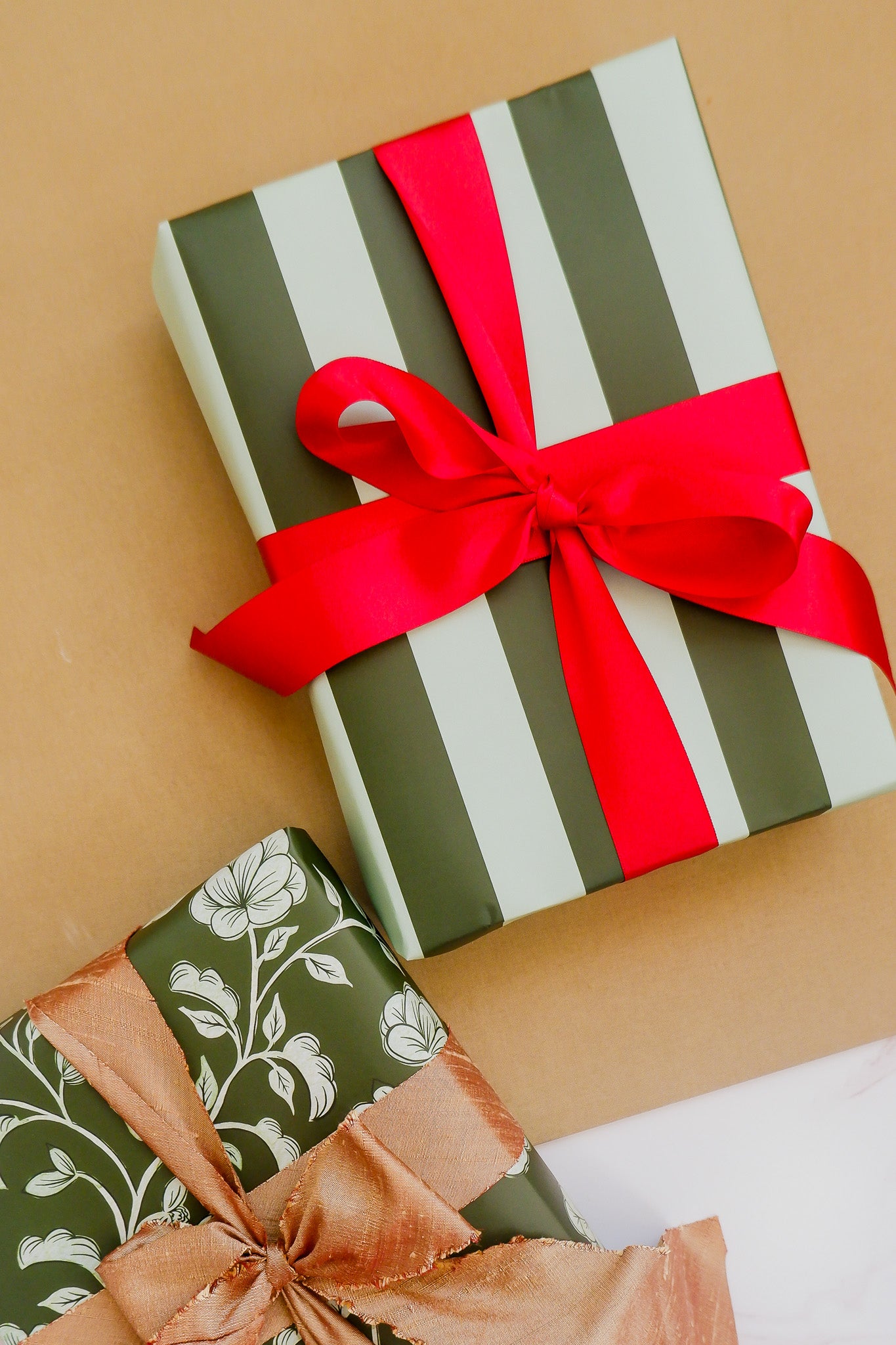 Green Floral and Mint Striped Double Sided Gift Wrap | Set of Three Sheets