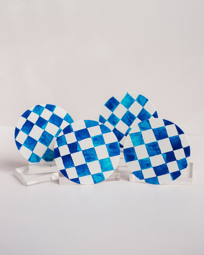 Blue Checkered Reusable Chipboard Coasters - Set of Four