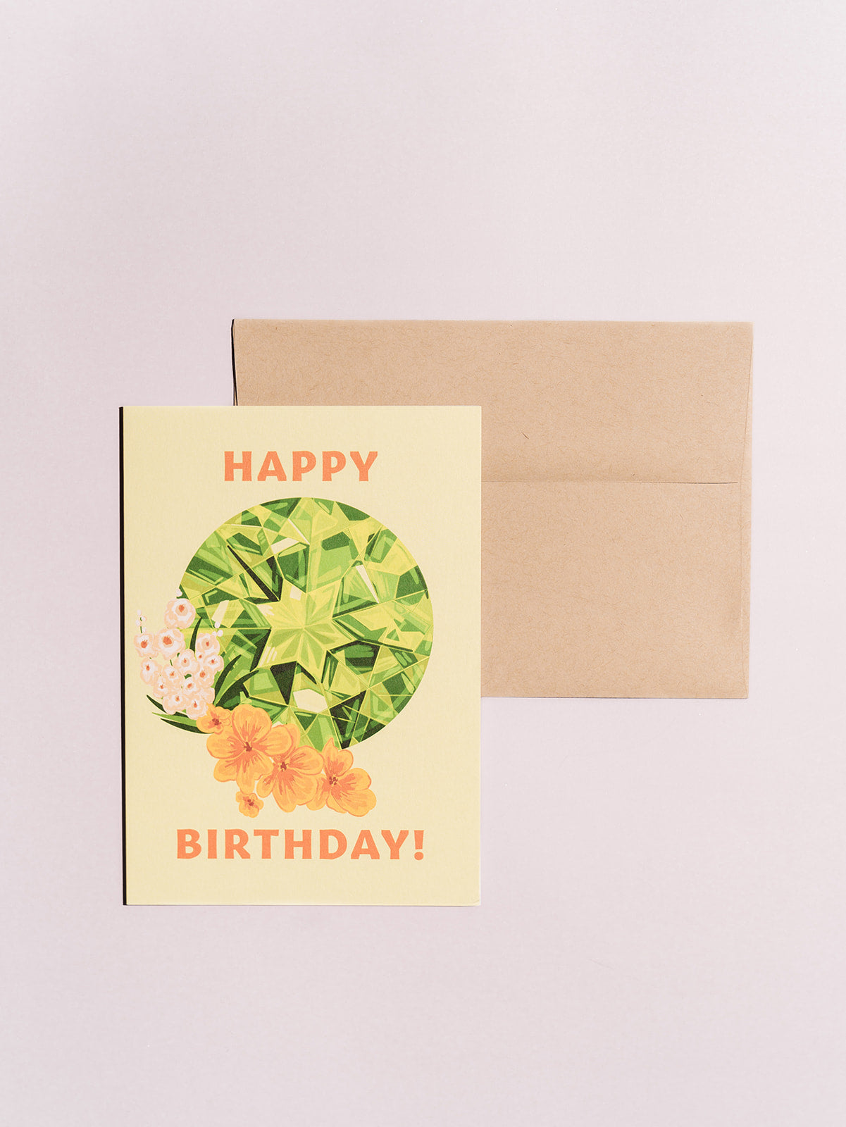 august birthstone gemstone peridot birthday card with kraft envelope