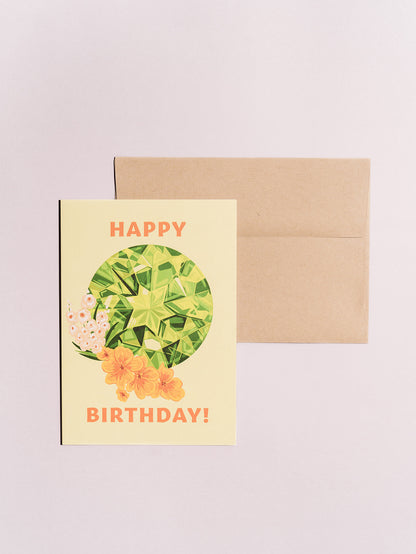 august birthstone gemstone peridot birthday card with kraft envelope