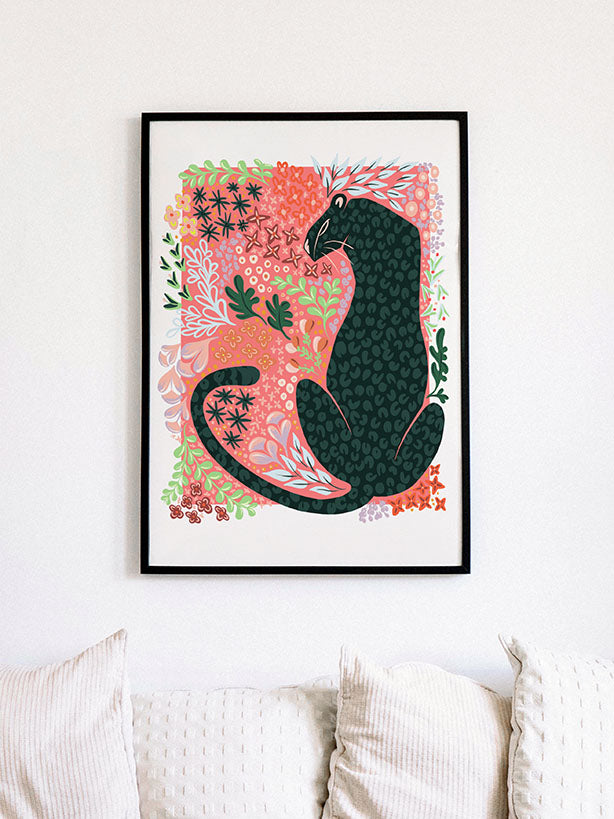 Floral Jaguar Whimsical Illustration Art Print