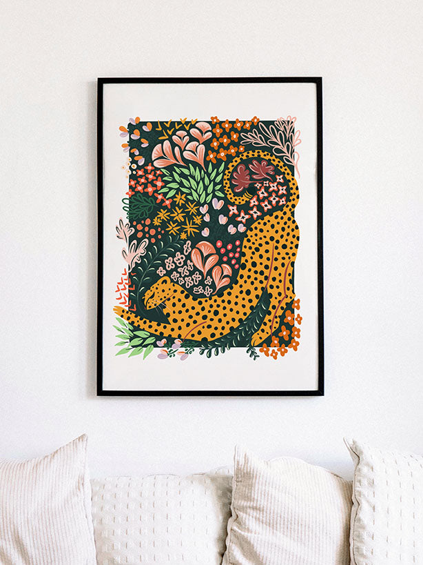 Floral Cheetah Whimsical Illustration Art Print