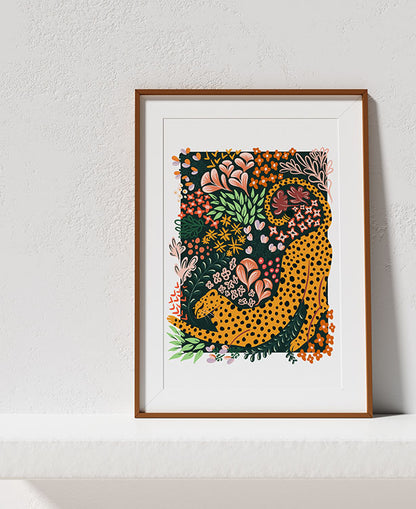 Floral Cheetah Whimsical Illustration Art Print