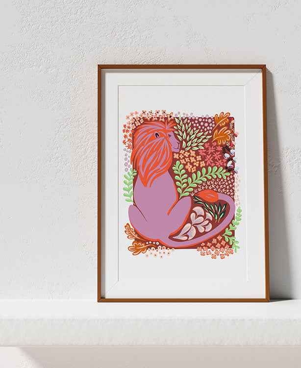 Floral Lion Whimsical Illustration Art Print