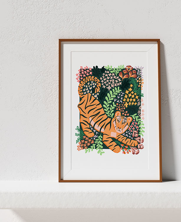 Floral Tiger Whimsical Illustration Art Print