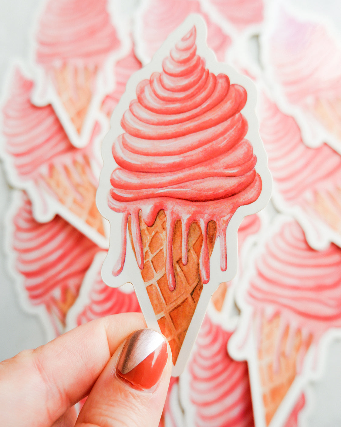 pink drippy ice cream cone watercolor illustration die cut sticker