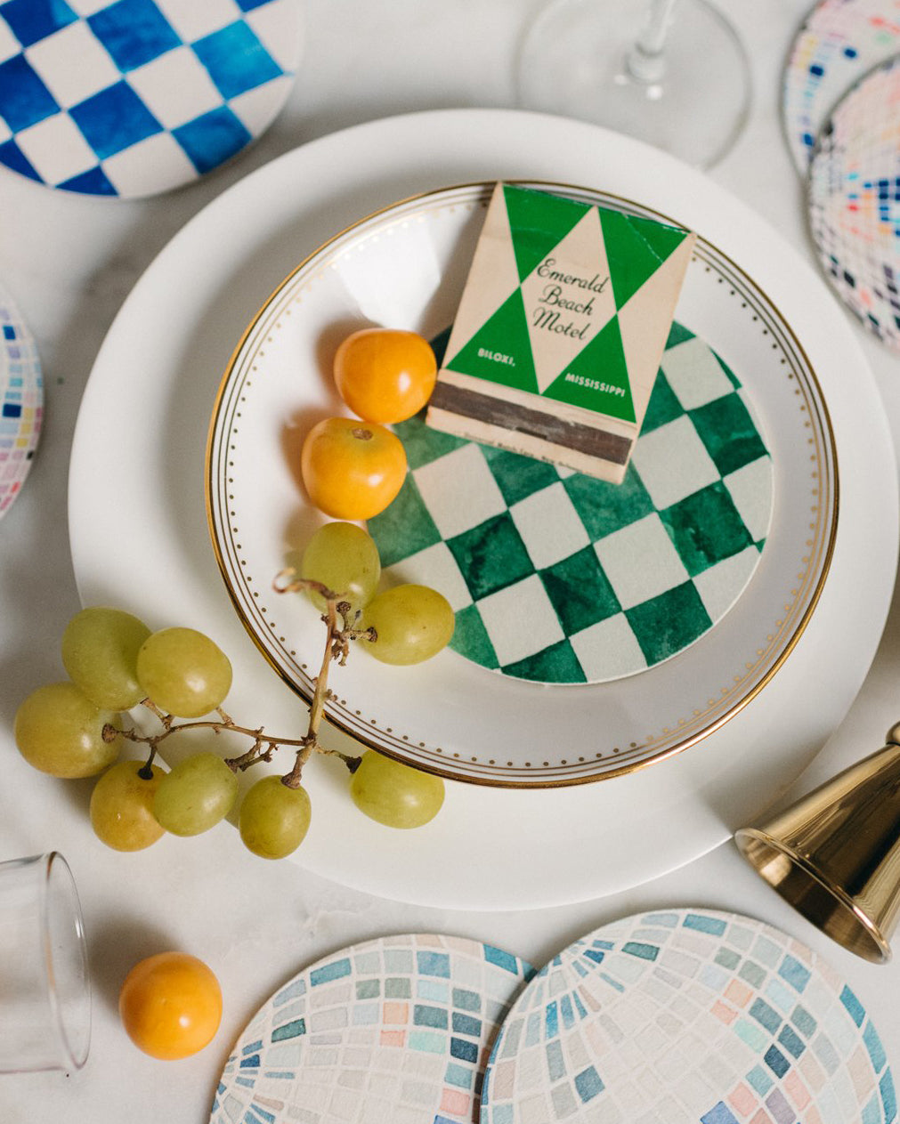 Green Checkered Reusable Chipboard Coasters - Set of Four