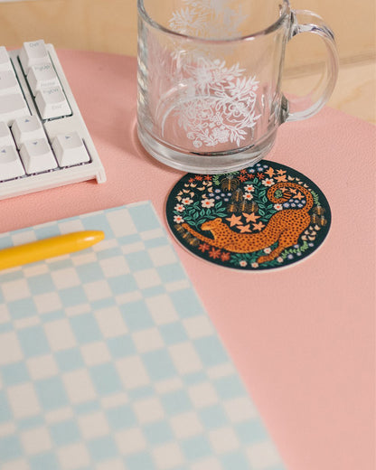 Stretching Cheetah Reusable Chipboard Coasters - Set of Four